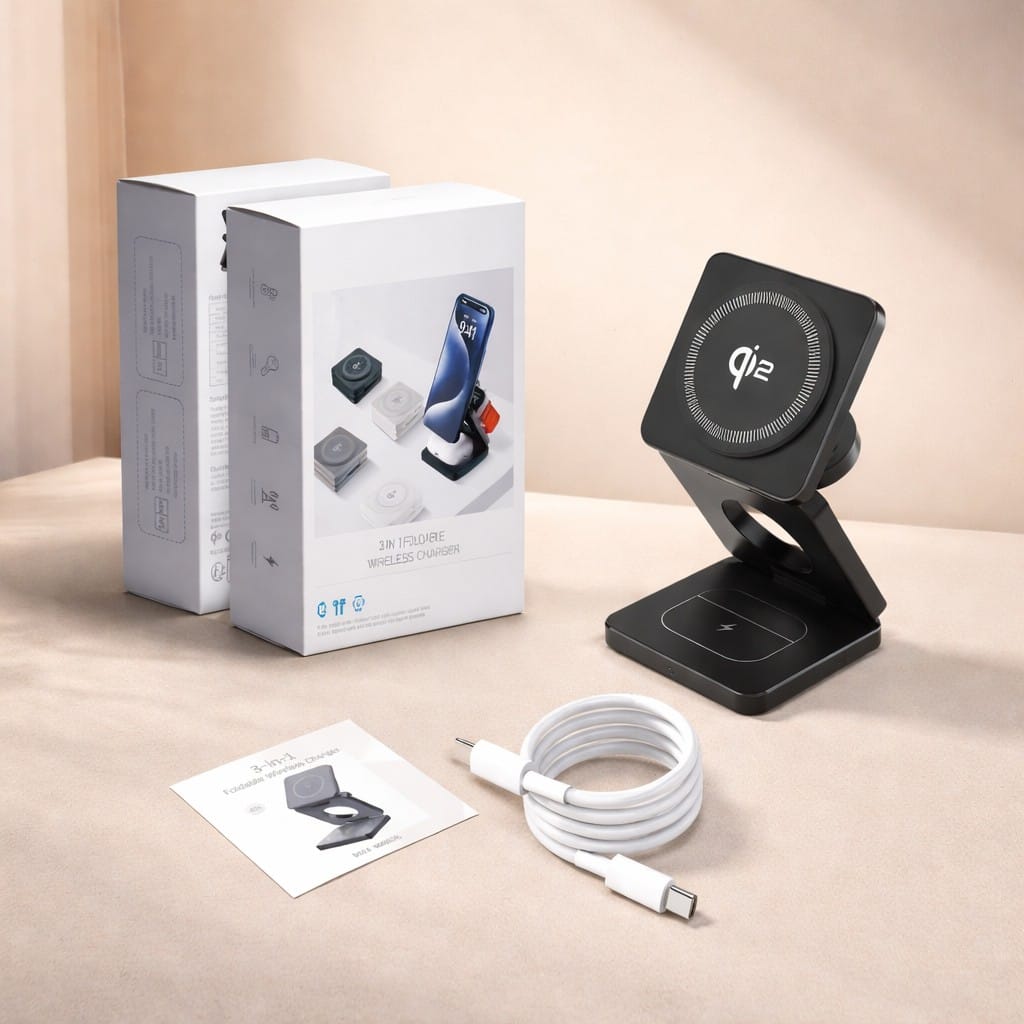 Chargeur Sans Fil Pliable 3-en-1 Qi2 – Ultra Compact, Charge Rapide 15W, Design Élégant & Portable