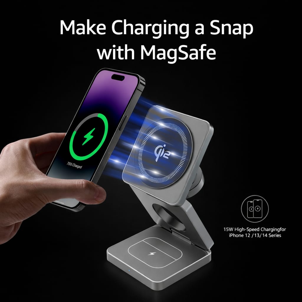 Chargeur Sans Fil Pliable 3-en-1 Qi2 – Ultra Compact, Charge Rapide 15W, Design Élégant & Portable