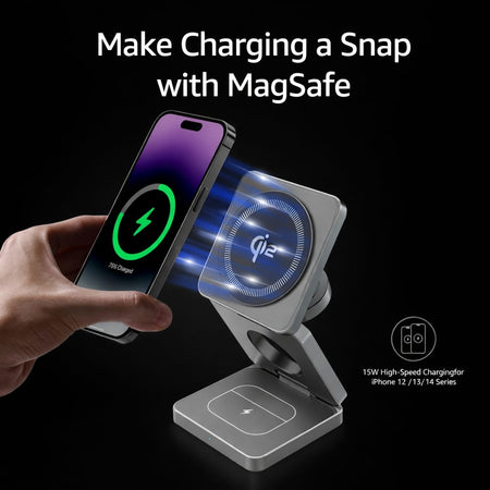 Chargeur Sans Fil Pliable 3-en-1 Qi2 – Ultra Compact, Charge Rapide 15W, Design Élégant & Portable